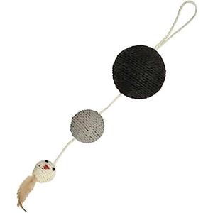 Bobby Plume - Tiragraffi Giochi per gatti in corda riciclata, con palline e piume, da appendere, Nero, 55x12 CM