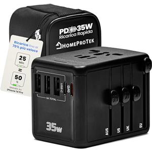 HOMEPROTEK Adattatore Universale da Viaggio 35W - Adattatore Presa per UK EU US Canada Australia Cina Giappone fino a 200 Paesi, 3 Porte USB-A, 1 USB-C Ultra-Veloce e 1 USB C, Viaggio Accessori Utili