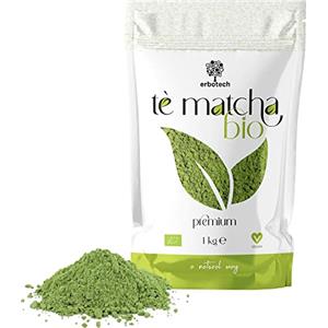 ERBOTECH Tè Matcha BIO, The Verde Giapponese Biologico in Polvere, Busta da 1 kg, Multivitaminico Naturale al 100%, Vegan. Ideale per Dolci, Frullati, Tè freddo