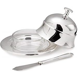 EDZARD contenitore per burro Epe diametro 11 cm, argento pregiato placcato, lucidato, coltello di lunghezza 18 cm incluso