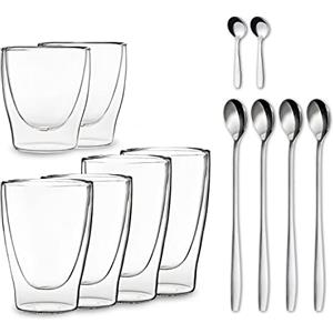DUOS® Tazzine Caffe Vetro (2x80ml, 2x310ml, 2x410ml) + 6x cucchiaio - Bicchiere termico, Bicchierini caffè vetro, Tazze vetro cappuccino Tazza vetro Tazzine caffè vetro bicchieri caffe vetro