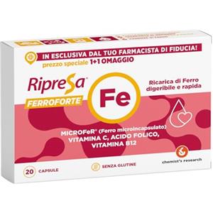 CHEMIST'S RESEARCH RIPRESA FERROFORTE | Colma la Carenza di Ferro e Riduce la Stanchezza e Fatica | 20 Capsule Senza Glutine (1)