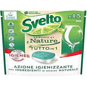 Svelto Powered By Nature Tutto in 1 Pastiglie per Lavastoviglie Azione Igienizzante con Ingredienti di Origine Naturale - Confezione da 15 Pastiglie