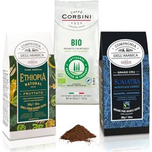 CAFFÈ CORSINI 1950 Caffè Corsini - Set Caffè Macinato Aromatico Kit Degustazione Bio&Fairtrade, Pregiato, Ecosostenibie, 3x250g Totale Set 750g
