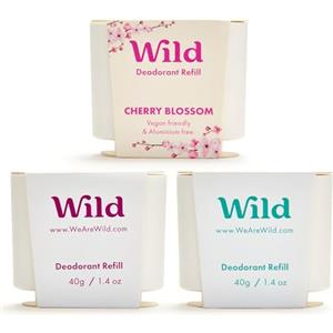 Wild - Deodorante Naturale Ricaricabile - Senza Alluminio - Varie Ricariche - Incluse Profumazioni Fresh Cotton & Sea Salt, Cherry Blossom e Coconut & Vanilla - Protezione di Lunga Durata