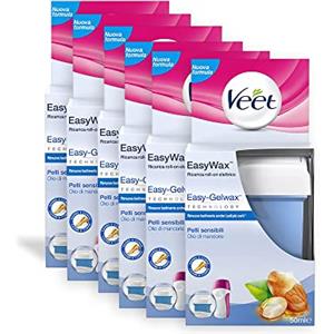 Veet Ricarica Cera Depilatoria Roll-On Gambe e Braccia Pelli sensibili 50ml, con Olio di Mandorle, 6 confezioni da 50ml