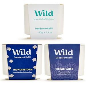 Wild - Deodorante Naturale Ricaricabile - Senza Alluminio - Varie Ricariche - Incluse Profumazioni Fresh Cotton & Sea Salt, Ocean Mist e Thunderstorm - Protezione di Lunga Durata