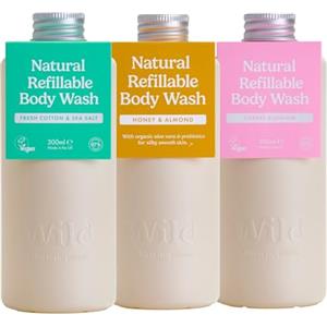 Wild - Bagnoschiuma naturale ricaricabile 300ml - 3 ricariche di gel doccia in varie profumazioni - Aromi Honey & Almond, Fresh Cotton & Sea Salt e Cherry Blossom