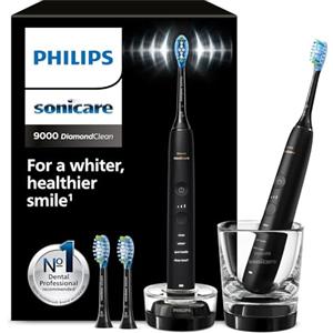 Philips Sonicare DiamondClean 9000 spazzolino elettrico, confezione doppia, spazzolino sonico con app, sensore di pressione, 4 modalità di spazzolamento, bicchiere di ricarica, nero, HX9914/63