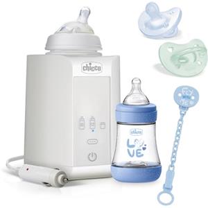 Chicco Perfect 5 Starter Set Allattamento, Bimbo, Biberon Anticolica 150 ml, Clip Azzurra, Scaldabiberon Casa-Auto, 1 Gommotto 0-2 M, 2 Gommotti 0-6 M, Azzurro, Idea Regalo Bimbo, 0 Mesi +