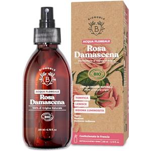 Bionoble Acqua di Rose Bio 200ml - Idrolato di Rosa Damascena 100% Puro e Naturale - Viso, Contorno Occhi, Corpo, Capelli - Rose Water - Bottiglia di Vetro + Spray