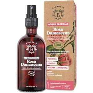 Bionoble Acqua di Rose Bio 100ml - Idrolato di Rosa Damascena 100% Puro e Naturale - Viso, Contorno Occhi, Corpo, Capelli - Rose Water - Bottiglia di Vetro + Spray