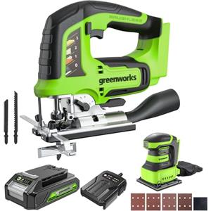 Greenworks Sega a batteria da 24 V e smerigliatrice a batteria, altezza di sollevamento 26 mm, brushless, batteria da 2 Ah e caricabatterie