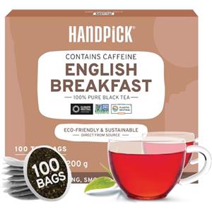HANDPICK, Tè Nero English Breakfast (100 Bustine di The Nero) Senza OGM | Forte, Robusto e ad Alto Tenore di Caffeina | Bustine Rotonde Ecosostenibili - Da Gustare Freddo, Caldo o Tè Kombucha