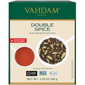 VAHDAM, Tè Chai Double Spice (50 Tazze, 100g) Miscela Forte, Robusta e Speziata con Tè Nero, Cardamomo, Cannella, Chiodi di Garofano e Pepe Nero | Sottovuoto | The Nero in Foglie non Miscelato
