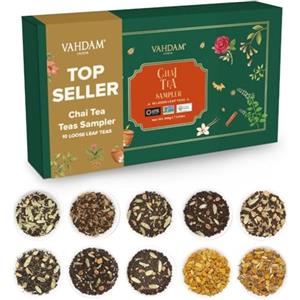 VAHDAM, Confezione Regalo Con Assortimento Di Tè Chai - Scatola per Infusione Con 10 Gusti Di Miscele Indiane Masala Chai | Regalo per Lui/Lei