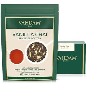 VAHDAM, Tè Chai alla Vaniglia (100g, 100+ Tazze) Deliziosa Miscela di Tè Masala Chai in Foglie e Vaniglia | Sottovuoto | Perfetto per Chai Latte, da Preparare Caldo o Freddo