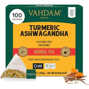 VAHDAM, Tisane Curcuma e Ashwagandha (100 Bustine) Senza Caffeina | Tè alle erbe | Sottovuoto | Infusi e Tisane 100% Puri dal Gusto Dolce e Aromatico