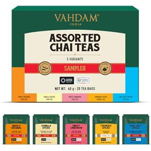 VAHDAM, Assortimento di Tè Chai - Confezione Regalo di Natale (5 Gusti, 20 Bustine) | Scatola per Infusione con Miscele di Masala Chai Indiano | Regali di Natale 2024