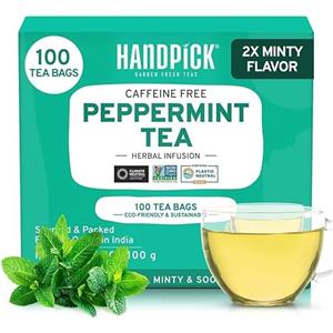 HANDPICK, Tè alla Menta Piperita, 100 Bustine Ecosostenibili| Senza Caffeina e Senza OGM | Gusto Fresco alla Menta | Raccolto e Confezionato Direttamente in India