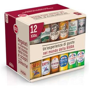 Peroni Box Regalo, Cassa Mista con 12 Bottiglie di Birra da 33 cl, Assortimento di Birre Italiane e Internazionali per Degustazione, Gradazione Alcolica da 3,5% a 7% + 1 birra analcolica