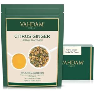 VAHDAM, Tisane Zenzero e Agrumi (50 Tazze, 100g) Zenzero, Citronella, Scorza d'Arancia e Menta | Tè alle erbe | Infusi e Tisane con Te in Foglie | Sottovuoto