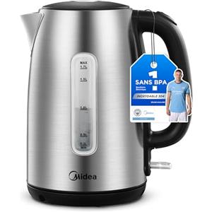 Midea Bollitore MKE17M1ADS in acciaio inox, 1,7 l, senza BPA, funzione di cottura a pressione, 2200 W, manico isolato con indicatore del livello dell'acqua, indicatore LED, protezione contro il