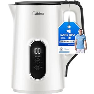 Midea Bollitore elettrico con regolazione della temperatura, 1,5 litri, 2200 W, a doppia parete, bollitore bianco, bollitore con indicatore di temperatura e funzioni di sicurezza, bollitore in acciaio