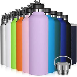 GeeRic Bottiglia Termica 1 Litro Opaco in Acciaio Inox + Tappo con Cannuccia + Borsa Portatile 1L Borraccia d'Acqua Sportiva mantiene 18H Caldo/24H Freddo, Viola