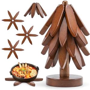 Qingning Sottopentola in Legno per Piatti Caldi, Set di 4 Sottopentole in Legno Pieghevole in Noce, a Forma di Albero, Set di 4 Supporti per Piatti Caldi, Pentole, Teiere, Ciotola, Fondue