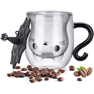 Huiguli Tazza Gatto, Nero Tazze per Gatti, Tazza Caffe Vetro Doppia Parete, Tazza per Birra Espresso, Tazze Caffè con Lid, 250ml in Vetro a Doppia Parete per Latte, Caffè, Idee Rregalo Donna