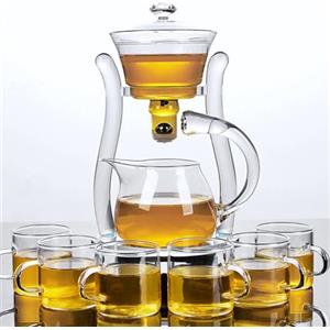 Mozeo Lazy Kungfu Teiera in vetro semiautomatico per tè con aspirazione, teiera automatica per infusione dell'acqua, set da tè in vetro per ufficio (teiera trasparente + 6 tazze)