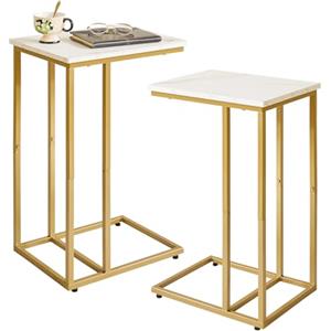 Aibiju Set di 2 Tavolini in Legno a Forma di C, Tavolino, Comodino con Poggiapiedi Antiscivolo per Camera da Letto, Soggiorno, Ufficio, Marmo Bianco e Struttura in Metallo Dorato, YD-TM051G-2