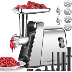 AAOBOSI Tritacarne Elettrico, 4-In-1 Tritacarne Elettrico Professionale [3000W MAX], 2 Lame, 4 Piastre Di Macinazione In Acciaio Inox, 3 Tubi Per Insaccati, 1 Kubbe
