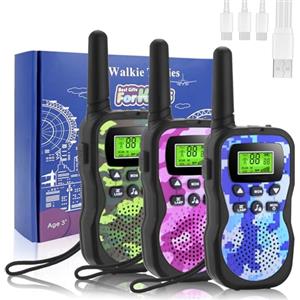 JUAUO Walkie Talkie per Bambini Ricaricabile, Walkie Talkie per Bambini dai 3 ai 12 Anni, con 8 Canali, Torcia a LED, Funzione VOX per Campeggio, Escursionismo, Avventura, Set da 3