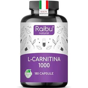 RAIBU L Carnitina 1000 Integratore - Alto Dosaggio di 180 Capsule con Vitamina C - 1000 mg per Dose Giornaliera - Tartrato di L-Carnitina Puro - Vegano, Naturale e Testato in Laboratorio