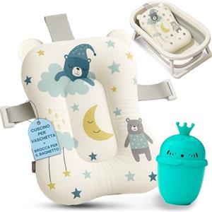 BABYBEBLOO Cuscino per Vasca da Bagno Neonato con Brocca - Riduttore Vaschetta Bagnetto - Supporto Morbido Universale - Materassino Antiscivolo per Neonati Bambino (Bianco Blu)