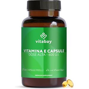 Vitabay Vitamina E 600 UI (400 mg) - 200 Capsule Molli di Vitamina E a Rilascio Prolungato - Vegana e ad Alto Dosaggio - D-Alfa Tocoferolo puro dall'Olio di Semi di Soia (80%) - Testato in Laboratorio
