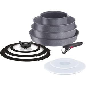 Lagostina Ingenio Mineralis Eco Set Padelle Antiaderenti in Alluminio 100% Riciclato, Adatto all'Induzione, 10 Pezzi, Casseruola 16cm, Padella 28cm, Tegame 24cm, Wok 26cm, 5 Coperchi e Manico