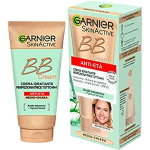 Garnier BB Cream Anti-Età SkinActive, Per Pelle Uniforme e Rughette Ridotte, Look naturale, Arricchita con Acido Ialuronico, Aloe Vera e Pigmenti minerali, SPF 25, Tonalità: Medio-Chiara