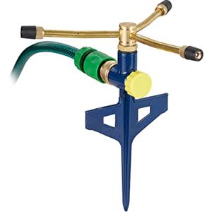 Relaxdays Irrigatore da Giardino con Picchetto, Spruzzatore Rotante, 3 Bracci, Getto 11 m, Ugelli Regolabili, Oro Blu, Ferro, 24,5 x 23 x 20 cm
