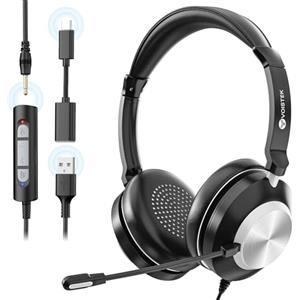 Voistek Cuffie con microfono, cuffie USB cablate con microfono antirumore con jack USB-A/3,5 mm/TYPE-C [3 in 1] Cuffie per laptop, PC, call center, lezioni online, riunioni Skype Zoom