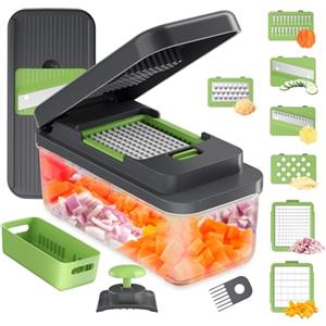 Ibergrif M524-7 Affetta Verdure 7 in 1, Taglia Verdure Manuale Multifunzionale con Contenitore, Mandolina Cucina per Cubetti, Verdure e Frutta, Lavabile in Lavastoviglie