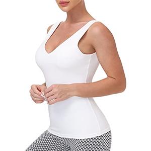 Disbest Top da Allenamento per Le Donne Canotte Yoga con Reggiseno Integrato Senza Fili Imbottito Reggiseno Yoga Palestra Corsa Atletica Camicia Canotta con Scollo a V, Bianco, XL