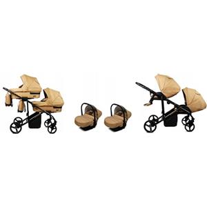 BabyLux® Bambini Passeggino per gemelli Completo Set 3 in 1 - Duo | Sand Pearl - Navicella, Canna, Seggiolino Auto - Carrozzina Neonati Sistema Combinato - con Borsa fasciatoio, Copertura antipioggia