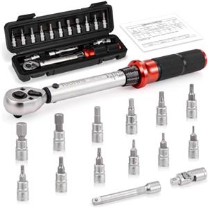 Toolwiz 1/4" Chiave Dinamometrica Bici, 2-26 NM Chiave Dinamometrica, Precisione ±3%, 15 Pezzi Kit di manutenzione per Bici Strada Montagna con Adattatore da 3/8, Punte Phillips Hex e Torx