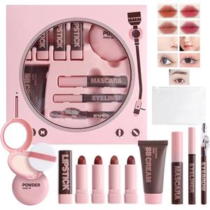 EONFAVE All in 1 set di trucchi, 9 pezzi, set regalo per donne e ragazze, set completo di cosmetici, rossetto, BB crema, cipria, eyeliner, matita per sopracciglia