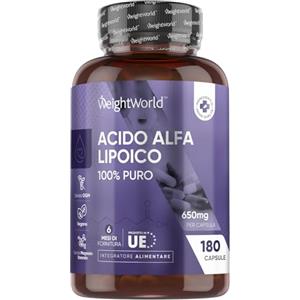 WeightWorld Acido Alfa Lipoico Vegano, 650 mg per Dose, 180 Capsule, Solo 1 al Giorno, (6 Mesi di Fornitura), Acido Lipoico, Integratore ALA Puro, Privo di Magnesio Stearato, Senza Glutine né OGM, Prodotto in UE