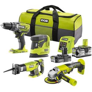 Ryobi Kit 4 Utensili 18V ONE+ con Trapano 50 Nm, Smerigliatrice, Sega Dritta e Levigatrice, 2 Batterie (2.0Ah + 4.0Ah), Caricatore e Borsa, R18CK4E-242S