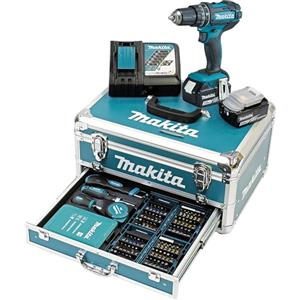 Makita DHP482RFX9 - Trapano avvitatore a percussione 18 V/3,0 Ah, 2 batterie e caricatore in valigetta di alluminio, petrolio, 96 pezzi